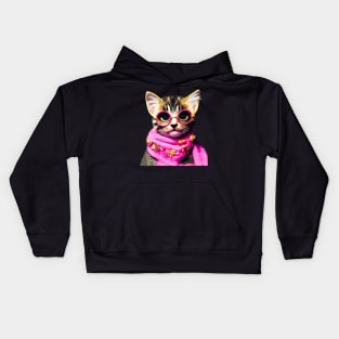 Kitten with pink scarf and glasses Kids Hoodie